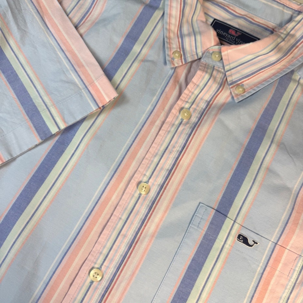 Vineyard Vines Shirt Mens Medium Blue Pink Striped Classic Fit S/S Logo EUC - Picture 11 of 11